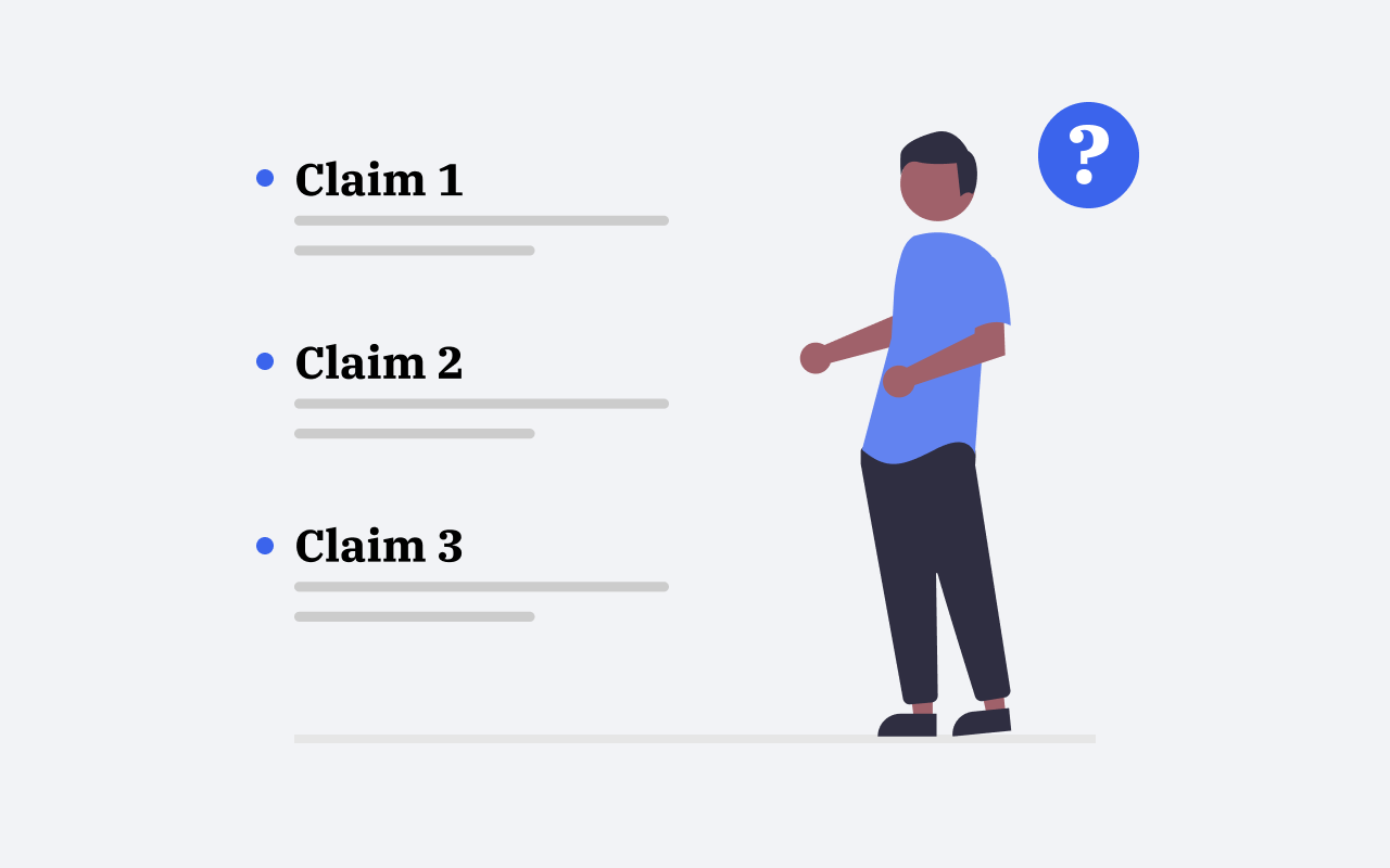 an modern flat illustration of a man looking at a list of claims. Next to him is a big question mark.